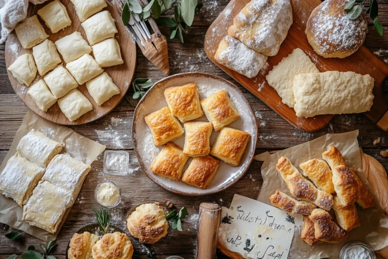 A top-down view of crescent roll pastry substitutes, including biscuit dough, puff pastry, and pie crust, arranged on a wooden surface