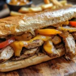 A cheesy chicken steak sandwich with sautéed onions and peppers on a toasted hoagie roll.
