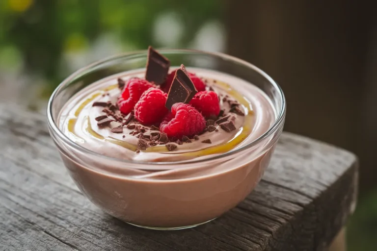 Homemade chocolate yogurt with raspberries and chocolate shavings.