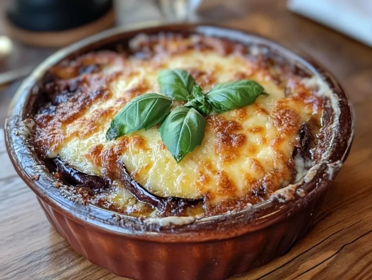 Freshly baked eggplant casserole with golden cheese topping